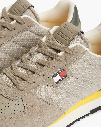 Suede Mixed Texture Trainer - Taupe Clay/Pewter Green