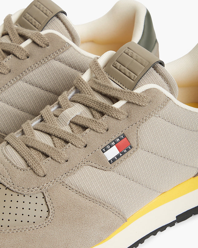 Suede Mixed Texture Trainer - Taupe Clay/Pewter Green