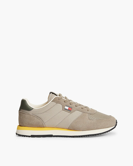 Suede Mixed Texture Trainer - Taupe Clay/Pewter Green