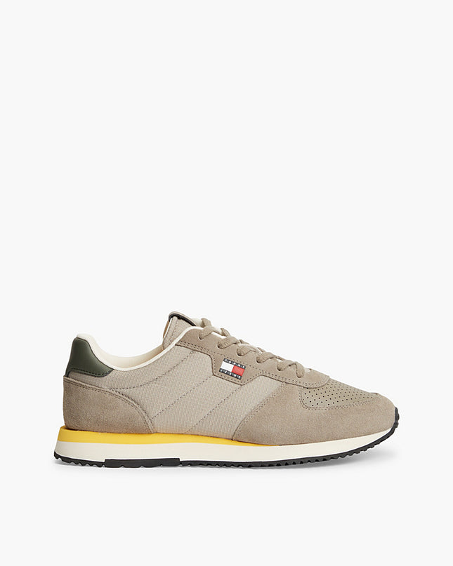 Suede Mixed Texture Trainer - Taupe Clay/Pewter Green