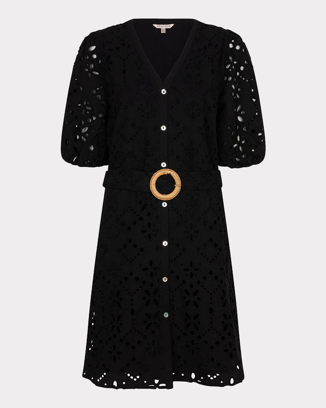 EsQualo Broderie Anglaise Belted Dress - Black