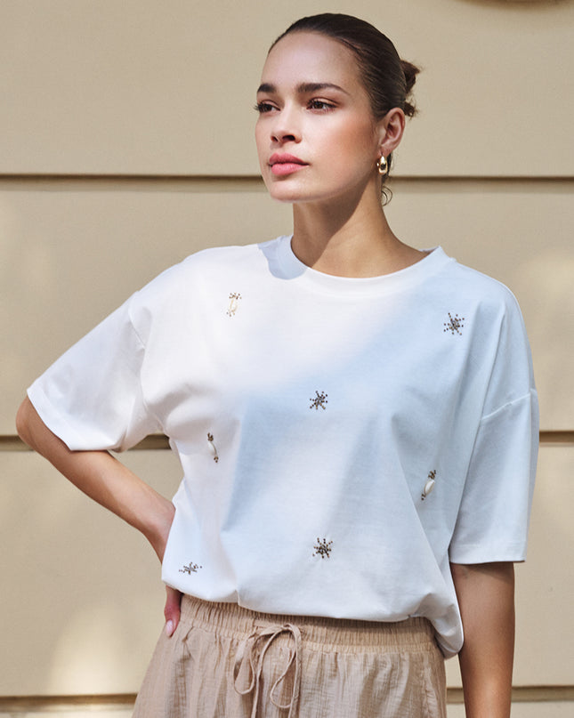 EsQualo Embellished Cotton T-Shirt - White