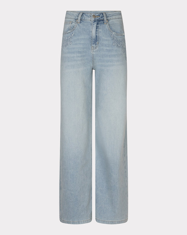 EsQualo Embroidered Straight Leg Jean - Light Denim