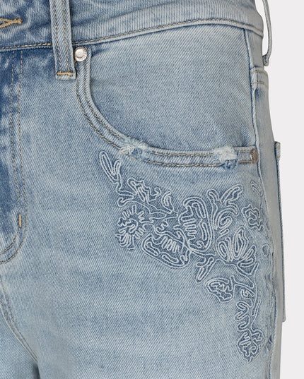 EsQualo Embroidered Straight Leg Jean - Light Denim