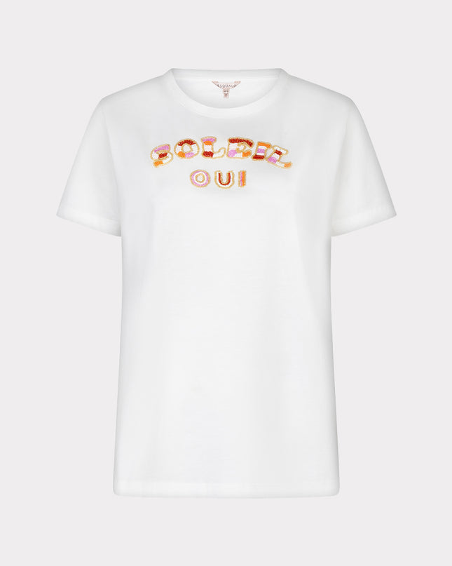 EsQualo “Soleil” Beaded T-Shirt - Off White/Pink