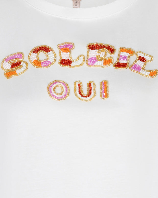 EsQualo “Soleil” Beaded T-Shirt - Off White/Pink