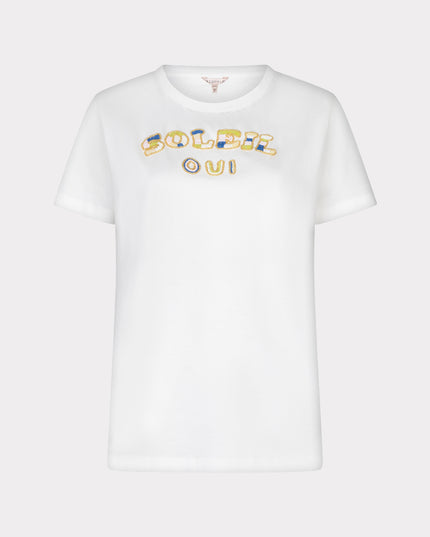 EsQualo “Soleil” Beaded T-Shirt - Off White/Green