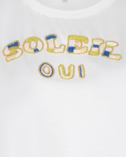 EsQualo “Soleil” Beaded T-Shirt - Off White/Green