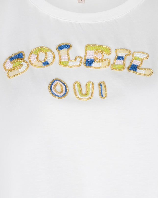 EsQualo “Soleil” Beaded T-Shirt - Off White/Green