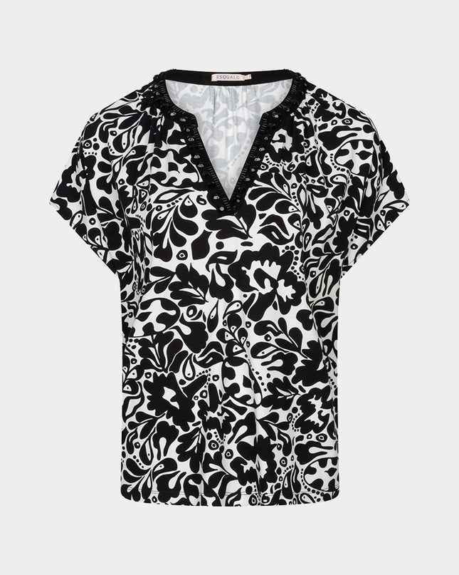 EsQualo “Golden” V-Neck Top - Black/White