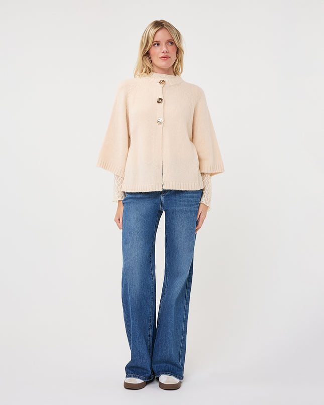 Buttoned Poncho Sweater - Biscuit