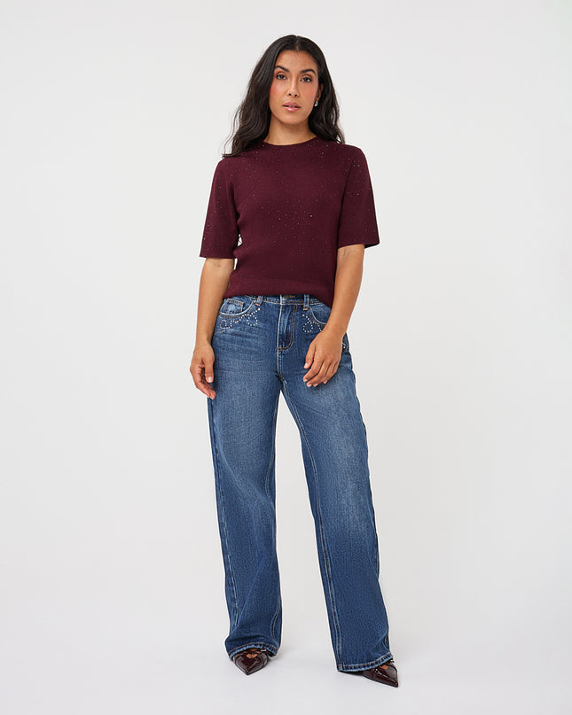 Short Sleeve Sequin Knit Top - Merlot