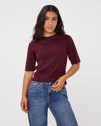 Short Sleeve Sequin Knit Top - Merlot