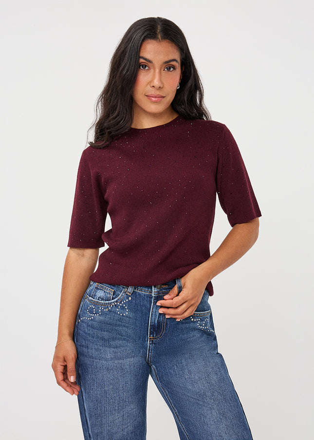 Short Sleeve Sequin Knit Top - Merlot