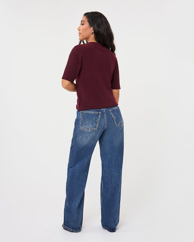 Short Sleeve Sequin Knit Top - Merlot