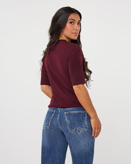 Short Sleeve Sequin Knit Top - Merlot