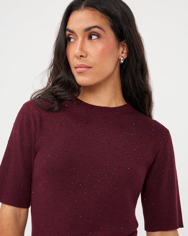 Short Sleeve Sequin Knit Top - Merlot