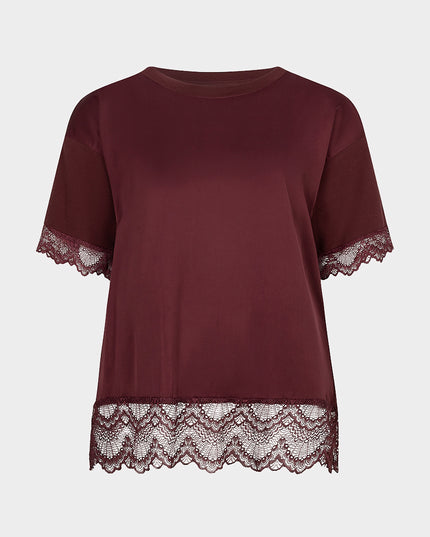 Lace Lined Satin T-Shirt - Merlot