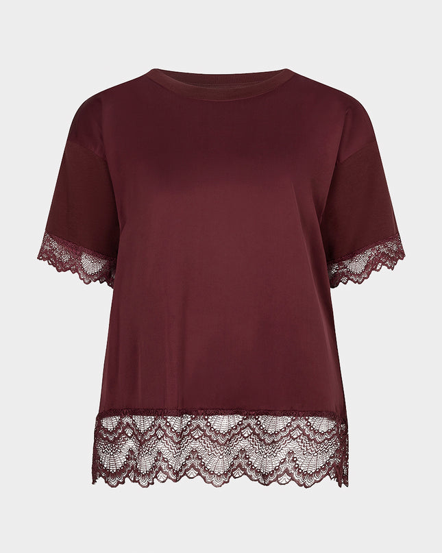 Lace Lined Satin T-Shirt - Merlot