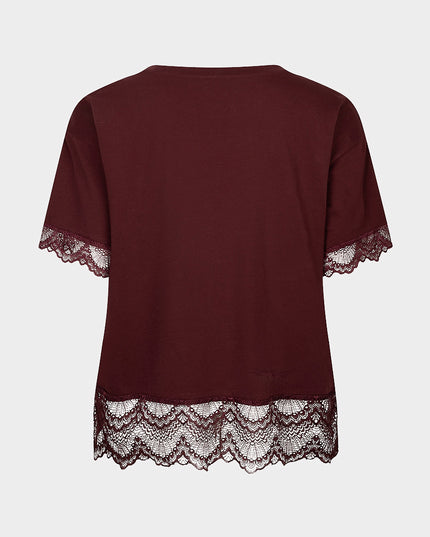 Lace Lined Satin T-Shirt - Merlot