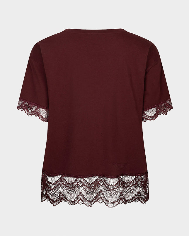 Lace Lined Satin T-Shirt - Merlot