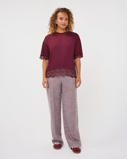 Lace Lined Satin T-Shirt - Merlot