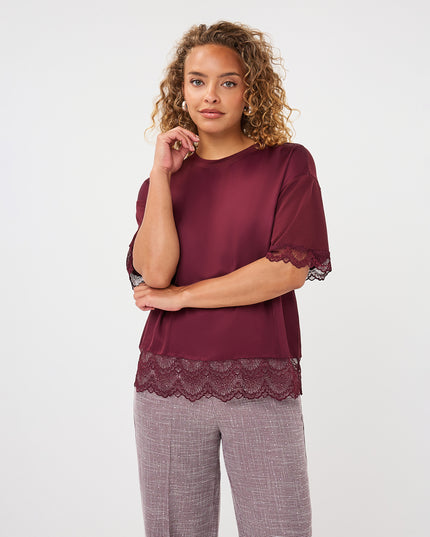 Lace Lined Satin T-Shirt - Merlot