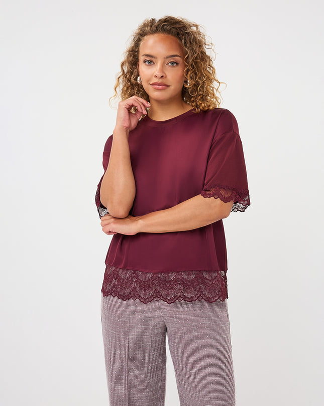 Lace Lined Satin T-Shirt - Merlot