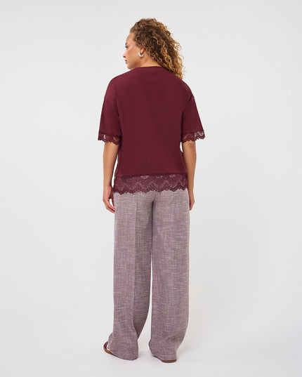 Lace Lined Satin T-Shirt - Merlot