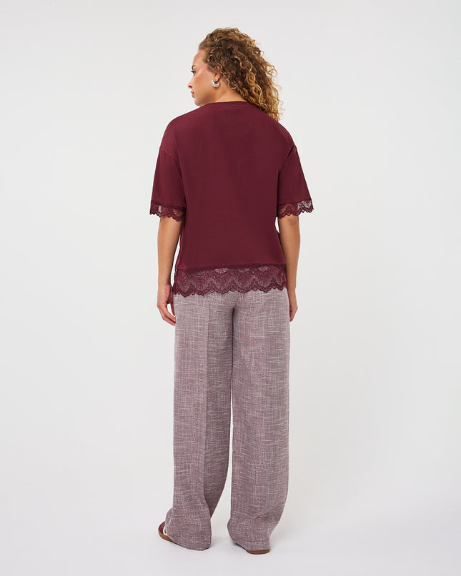 Lace Lined Satin T-Shirt - Merlot