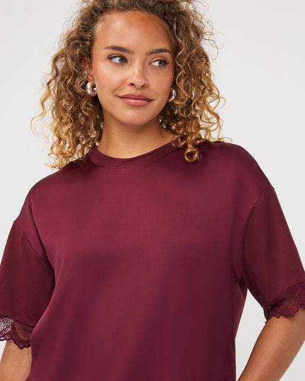 Lace Lined Satin T-Shirt - Merlot