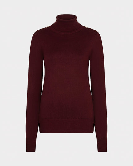 Fine Knit Buttoned Polo Neck Sweater - Merlot