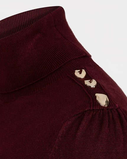 Fine Knit Buttoned Polo Neck Sweater - Merlot