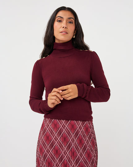 Fine Knit Buttoned Polo Neck Sweater - Merlot