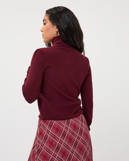 Fine Knit Buttoned Polo Neck Sweater - Merlot