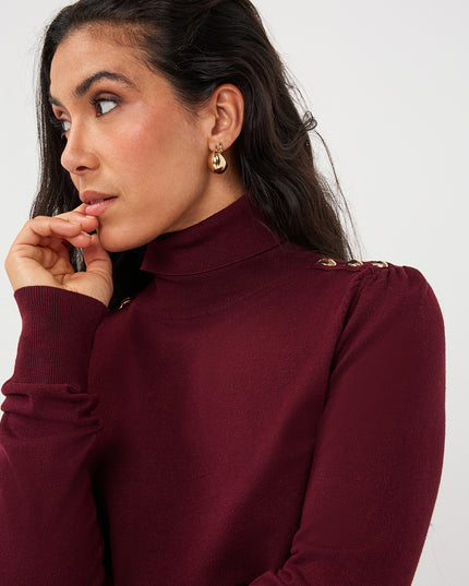 Fine Knit Buttoned Polo Neck Sweater - Merlot