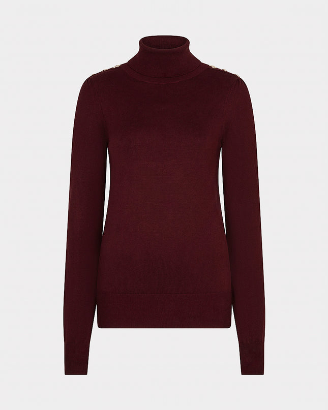 Fine Knit Buttoned Polo Neck Sweater - Merlot