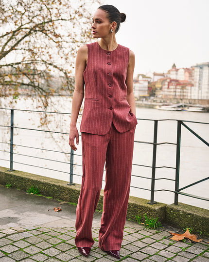 Wide Leg Herringbone Trouser - Merlot