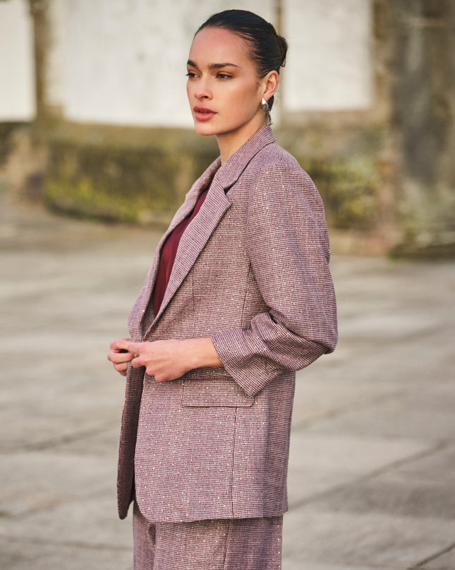3/4 Sleeve Glitzy Gemstone Blazer - Merlot