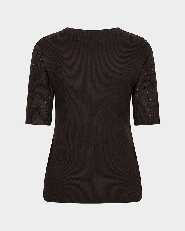 Short Sleeve Sequin Knit Top - Cacao