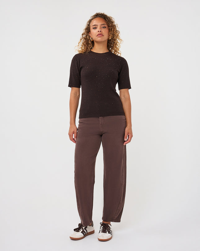 Short Sleeve Sequin Knit Top - Cacao