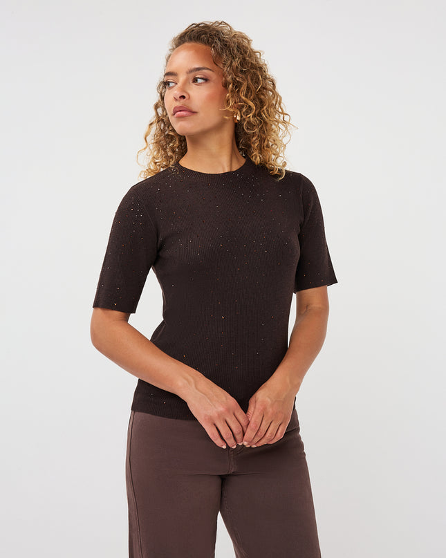 Short Sleeve Sequin Knit Top - Cacao