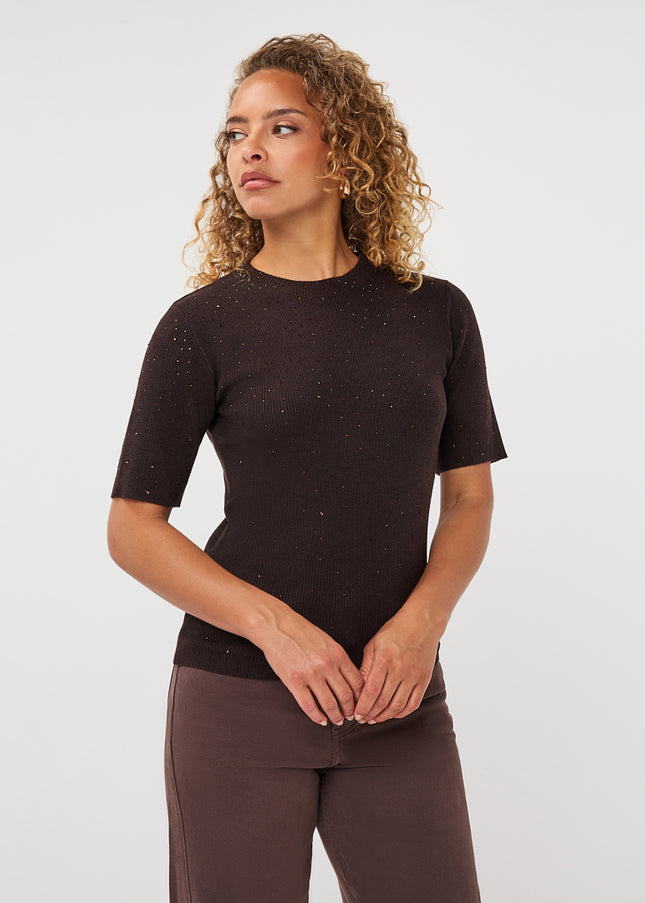Short Sleeve Sequin Knit Top - Cacao