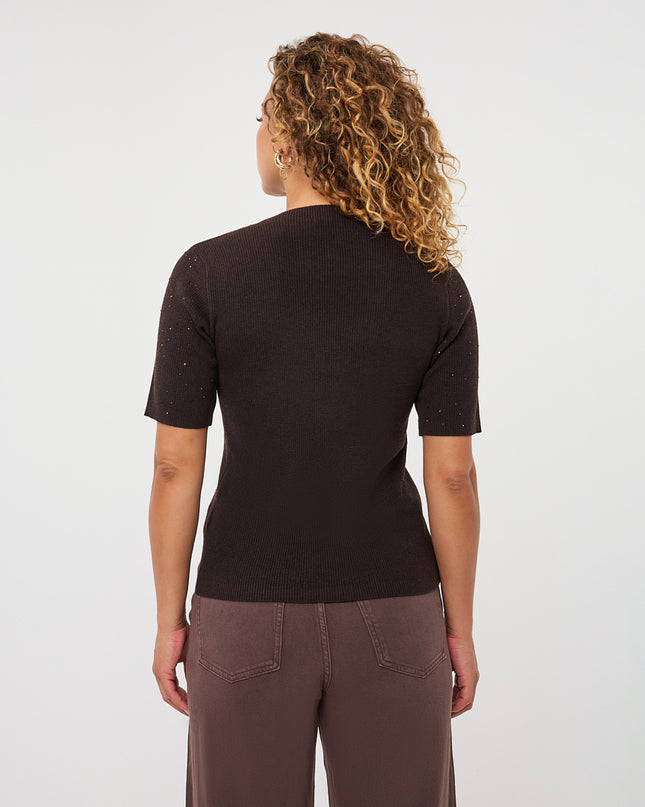 Short Sleeve Sequin Knit Top - Cacao