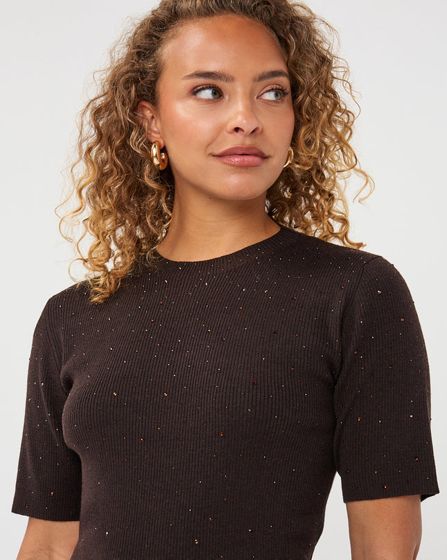 Short Sleeve Sequin Knit Top - Cacao