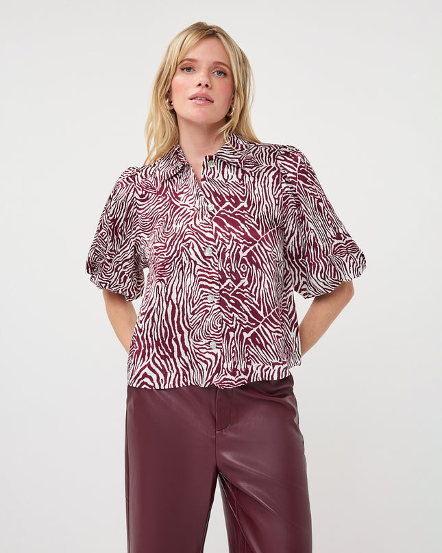 Short Sleeve Zebra Print Blouse - Merlot