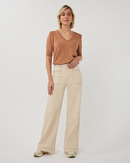 EsQualo Wide Leg Twill Trousers - Natural