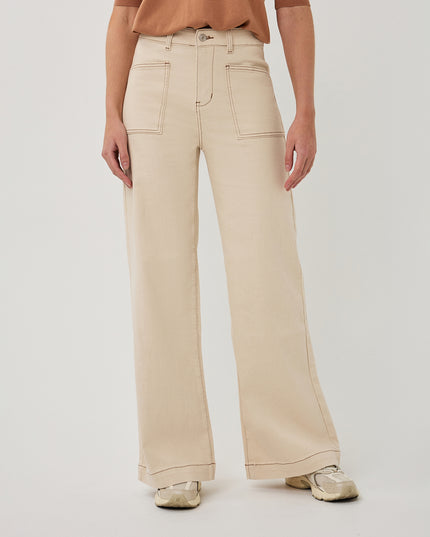 EsQualo Wide Leg Twill Trousers - Natural