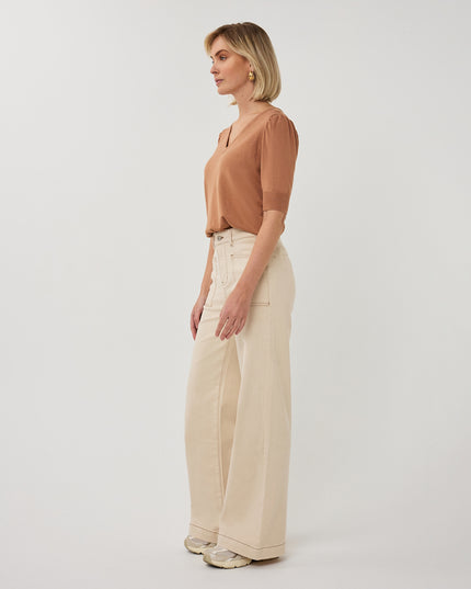 EsQualo Wide Leg Twill Trousers - Natural
