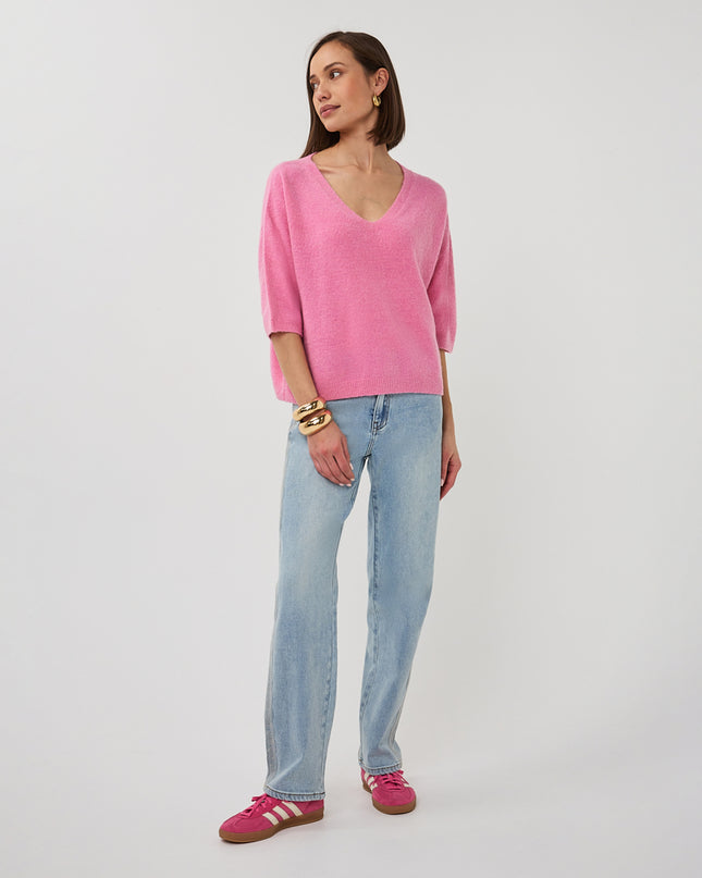EsQualo Oversized V-Neck Sweater - Rose